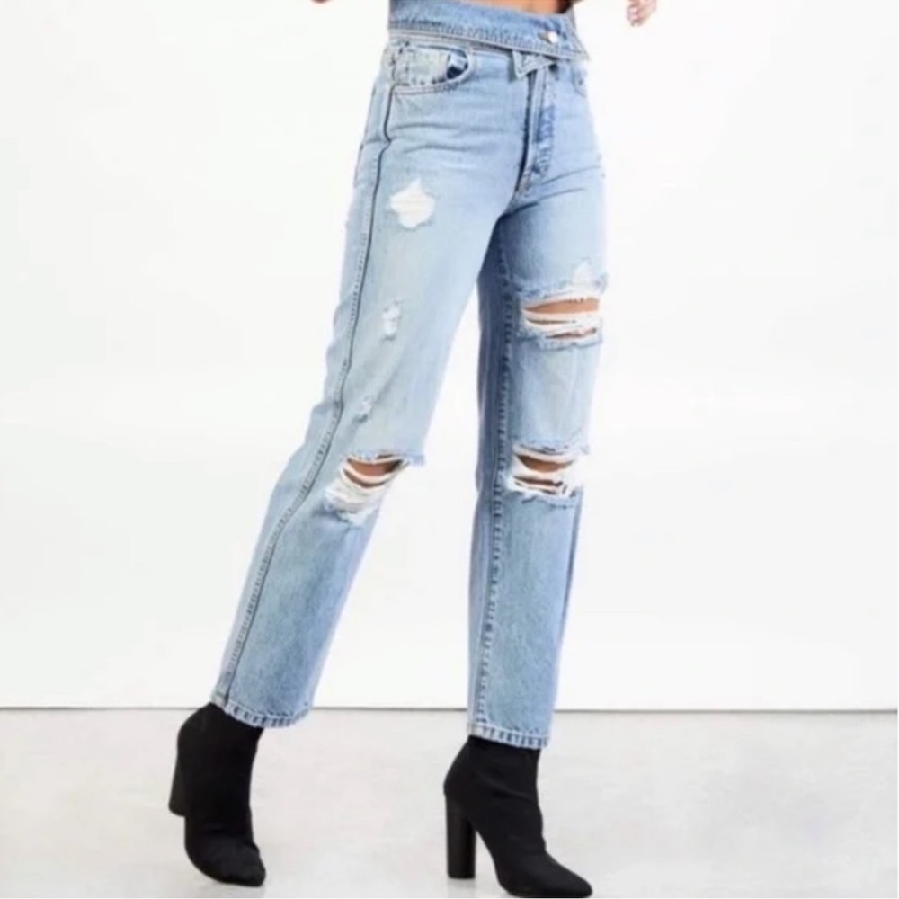 REVICE B-Side OG Wash Foldover Waist Jeans Light Distressed Straight Leg 26